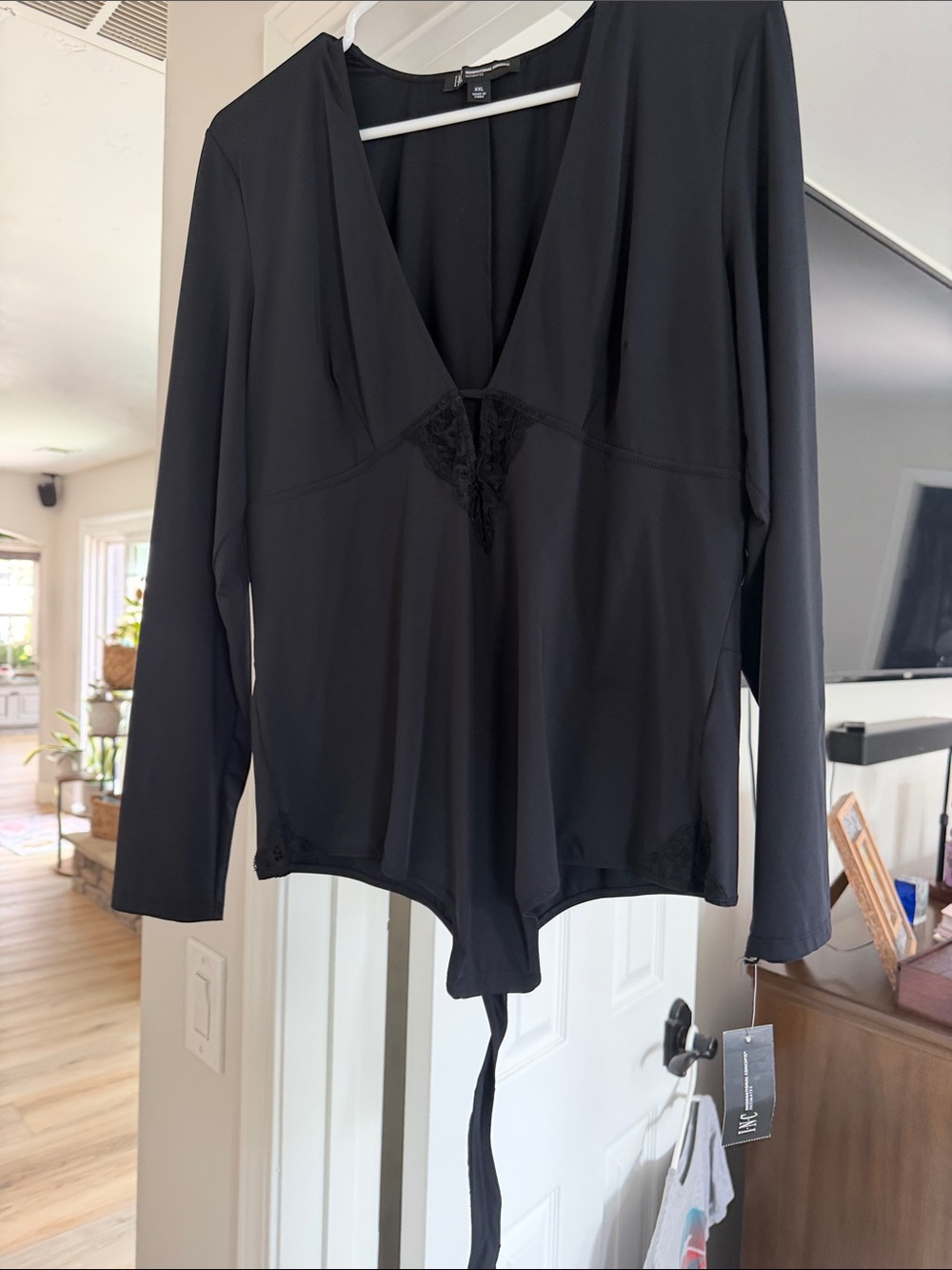 INC Black Long-Sleeve V-Neck Bodysuit with Lace Trim